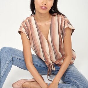 Joie Payton short sleeve Striped V-Neck Tie-Front Blouse